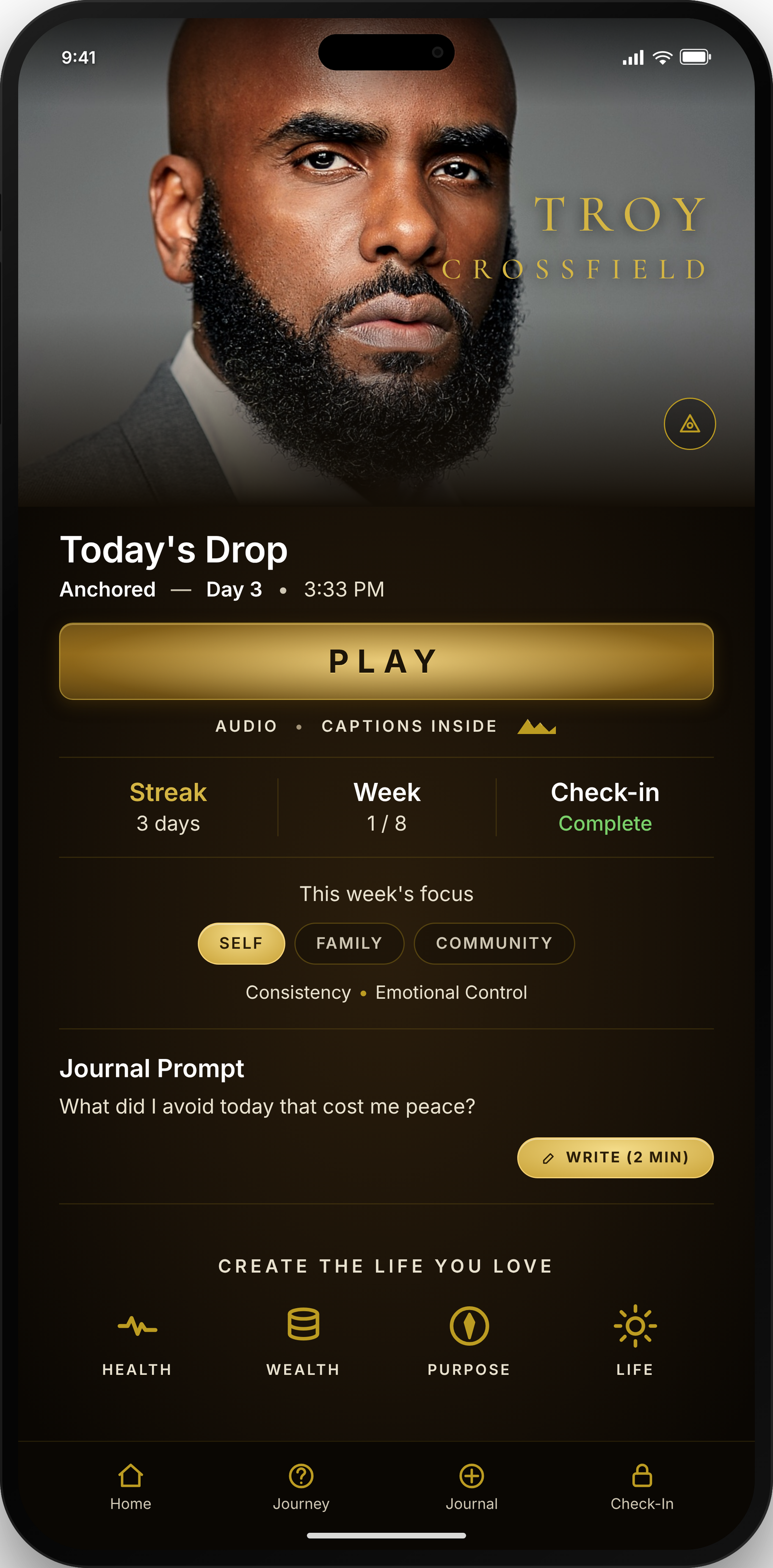 Anchored mobile app dashboard showing the four pillars of the Anchored Life.