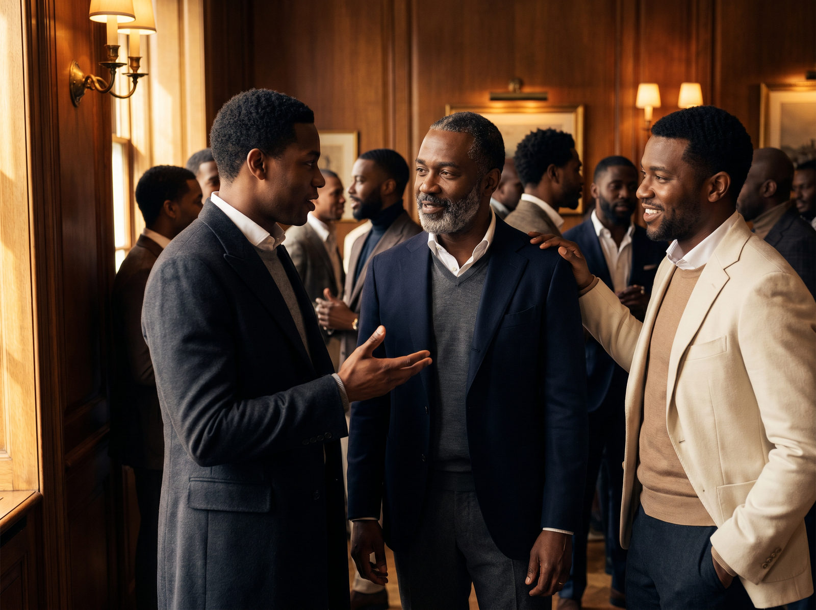 A small group of Black men in tailored attire in quiet conversation, surrounded by a wider circle of brothers.